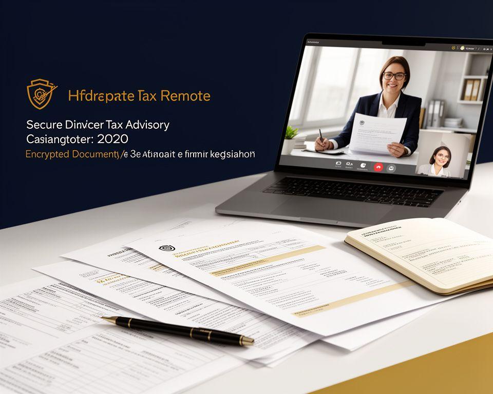 Incontro di consulenza fiscale a distanza con documenti digitali e interfaccia sicura